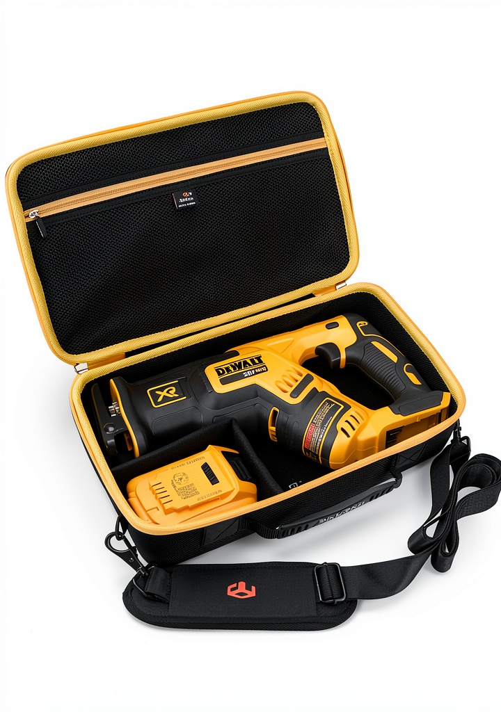 DEWALT reciprocating saw case in yellow and black with shoulder strap